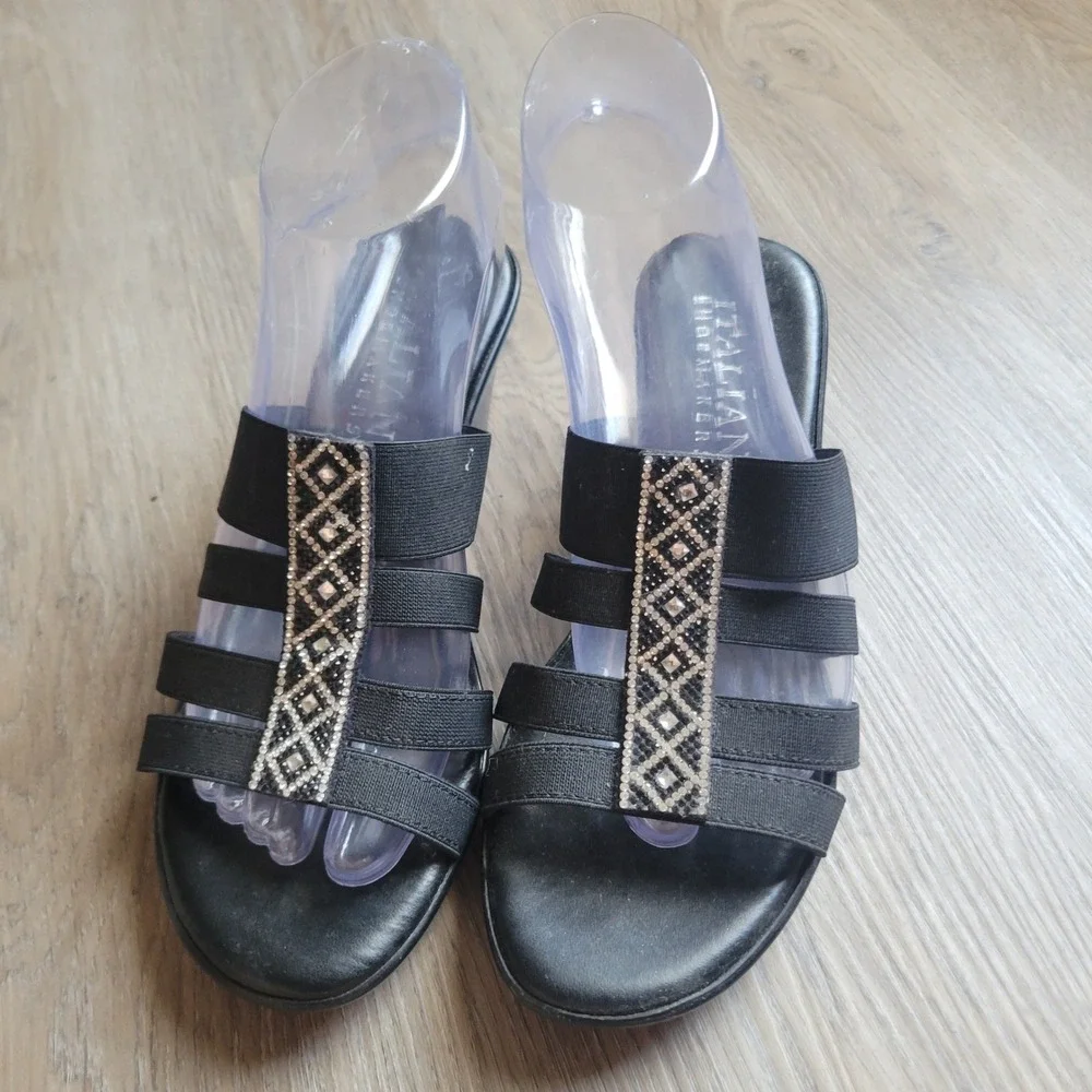 Italian Shoemakers Womens Wedge Sandals 8 Black Rhinestone Elastic Frankie Slide